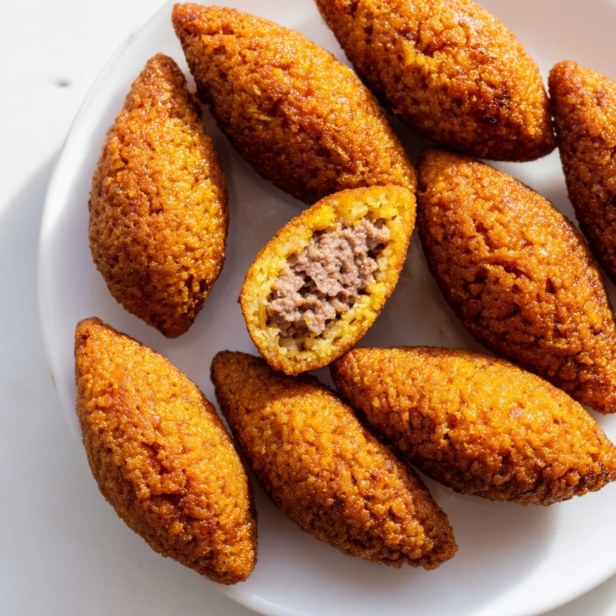 A platter of delicious Lebanese Kibbeh, showcasing the spiced meat and bulgur croquettes, baked until golden.