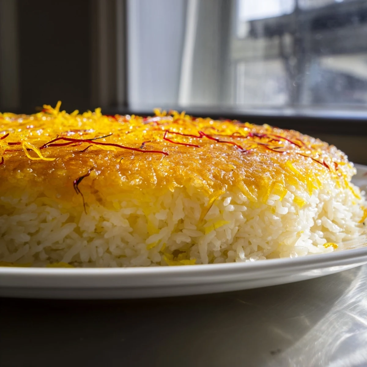 Golden, crispy Persian Tahdig rice with vibrant saffron aroma, perfect for a special dinner side.
