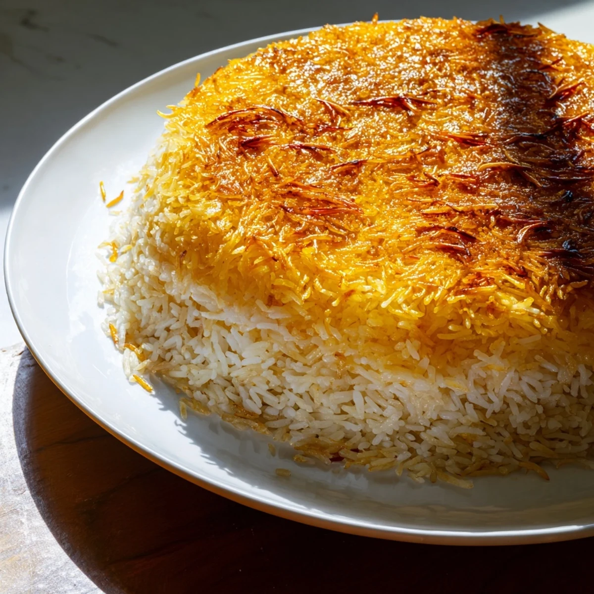 A stunning photo displaying the perfect Persian Tahdig rice, showcasing its crunchy, caramelized crust.