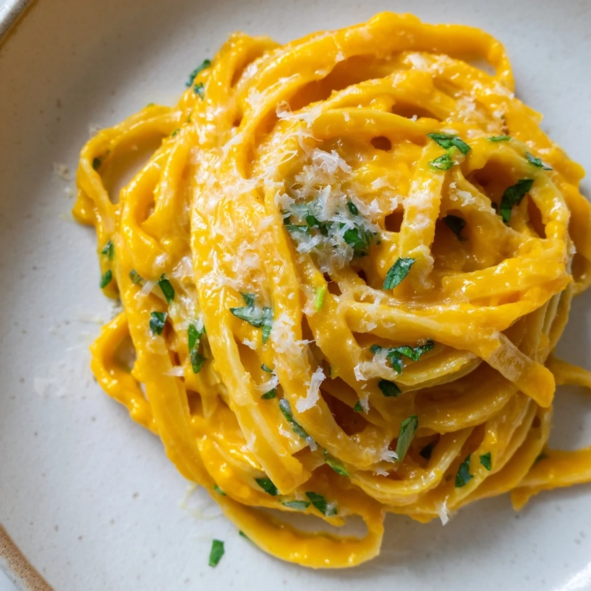 Creamy butternut squash pasta in a white bowl, garnished with fresh sage and parsley, perfect for a cozy fall dinner.