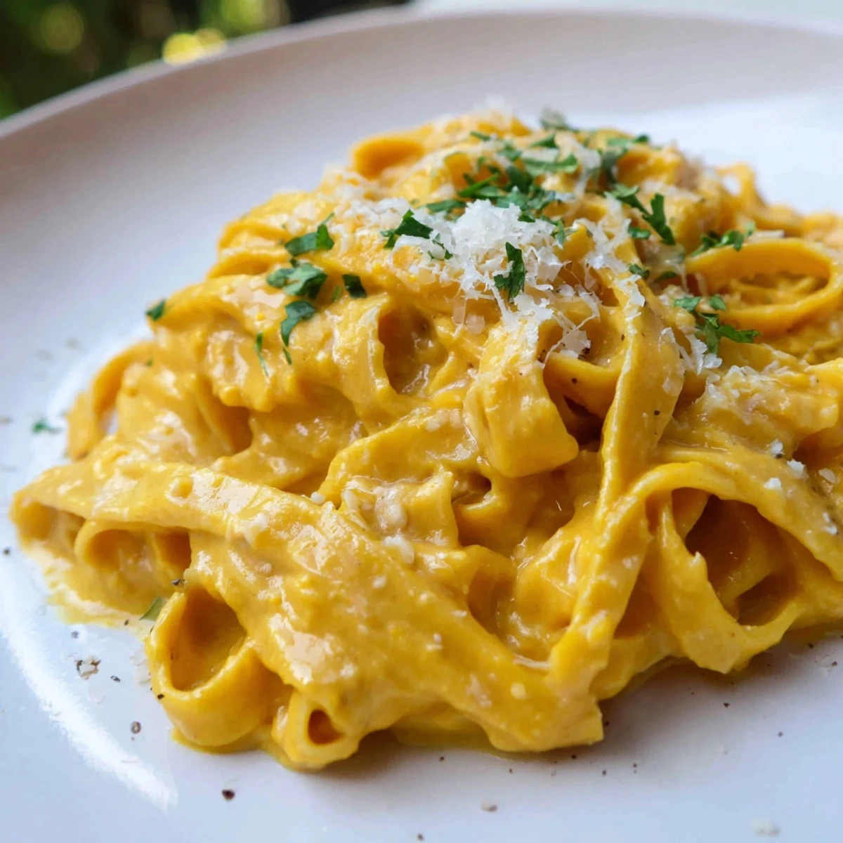 Steaming plate of butternut squash pasta, featuring a rich, creamy sauce and a sprinkle of Parmesan for a comforting plant-based meal.