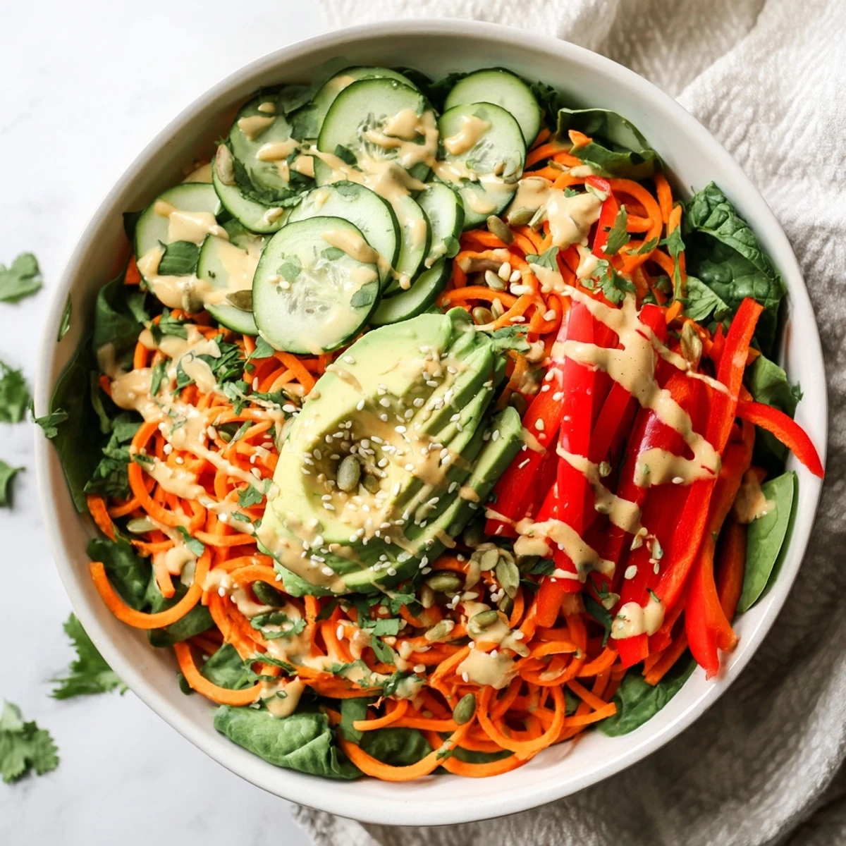 Tahini-lime dressing drizzled over colorful spiralized carrot noodles with crisp vegetables.