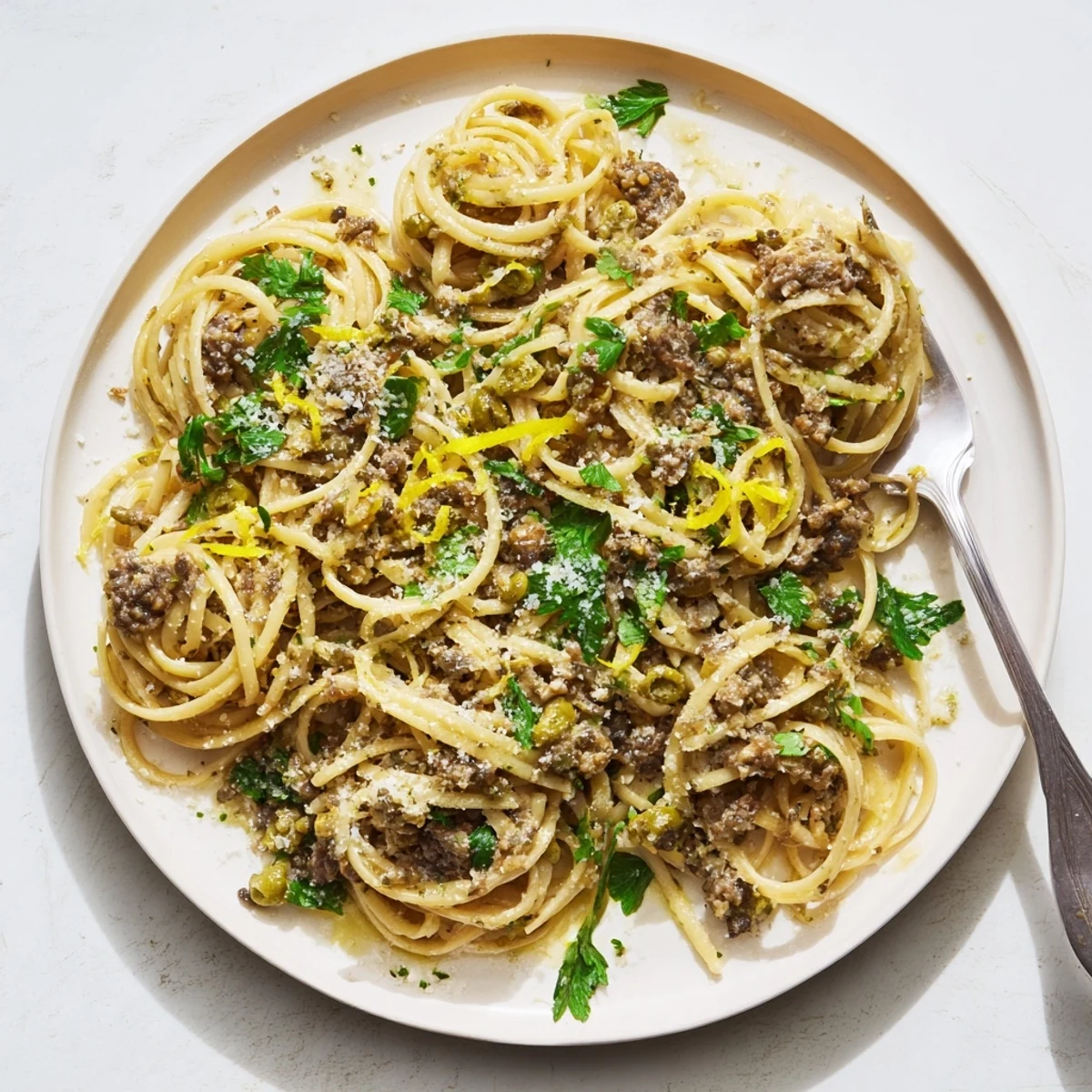 A vibrant white bowl filled with Olive Tapenade Pasta, tossed in a glossy, chunky sauce with fresh parsley.