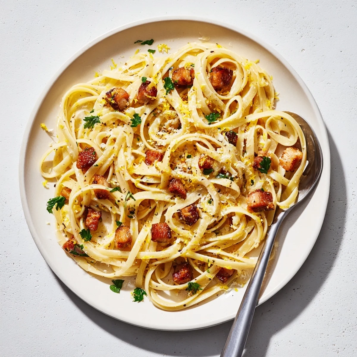 Crispy bacon linguine with golden, crackling bacon pieces tossed in a silky garlic sauce.