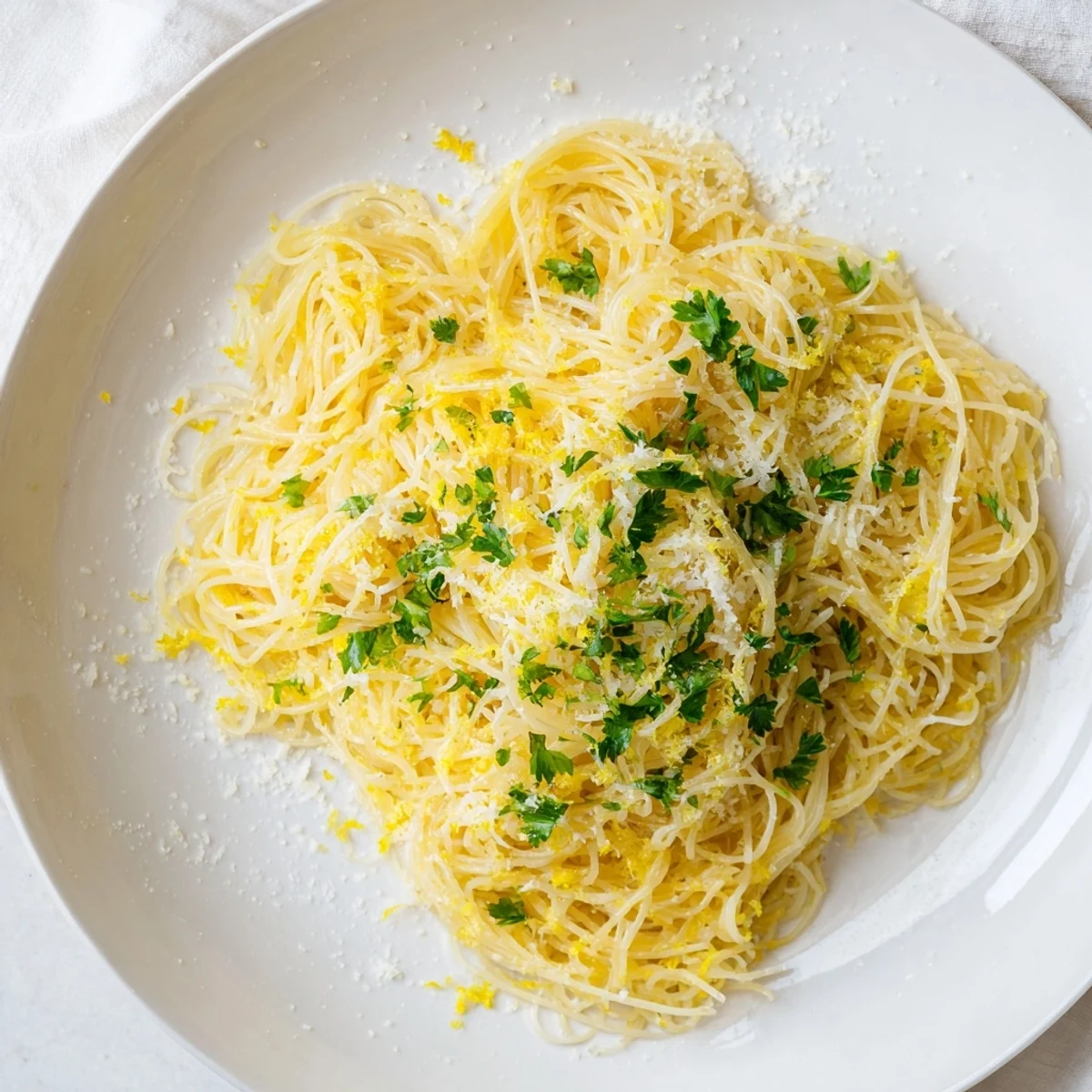 Lemon Butter Pasta Light served in a white bowl, garnished with bright parsley and extra Parmesan cheese.  