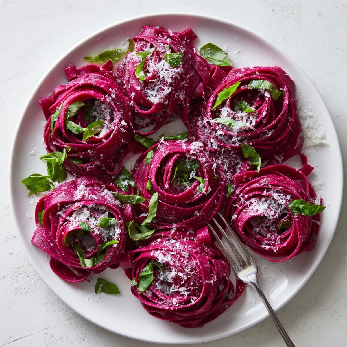 Freshly cooked Beet Noodle Pasta tossed with melted butter and herbs on a rustic wooden table.  
