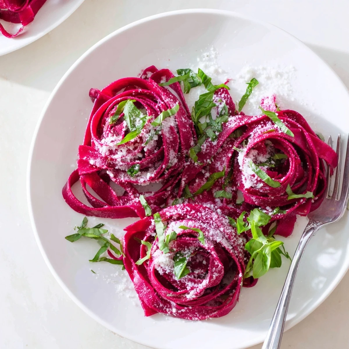 Vibrant magenta beet noodles resting on a marble surface, ready to be served with Parmesan cheese.  