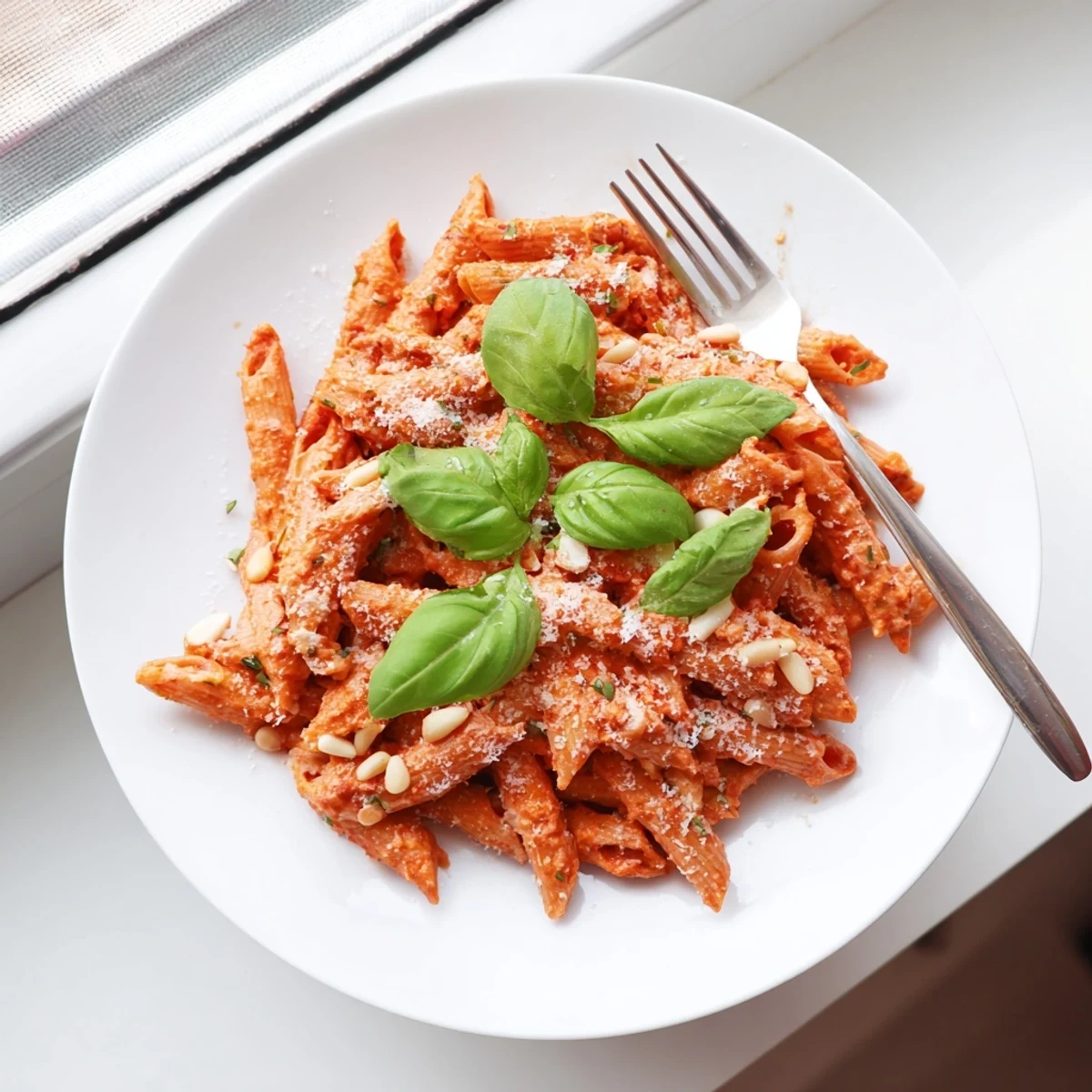 A close-up of sun-dried tomato pesto pasta with fresh basil garnish and grated Parmesan on top.  