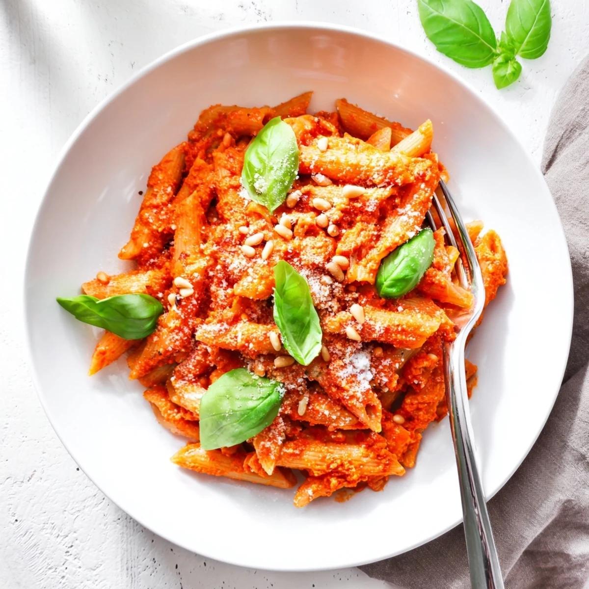 Steam rises from a bowl of sun-dried tomato pesto pasta served alongside a crisp salad.  