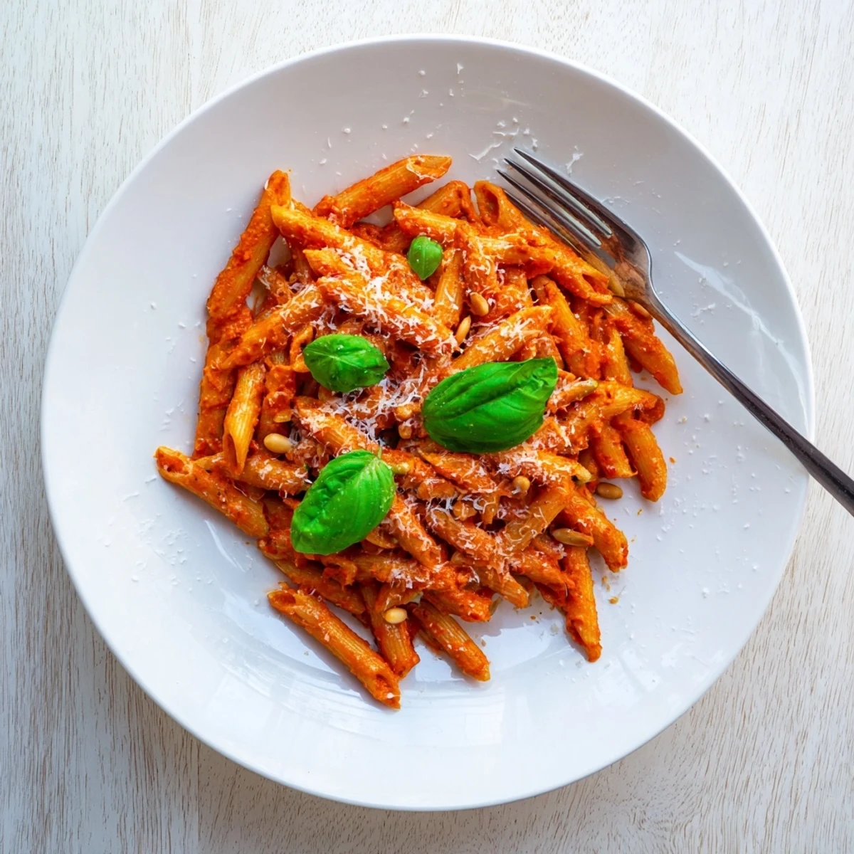 A rustic wooden table holds a plate of sun-dried tomato pesto pasta with toasted pine nuts.