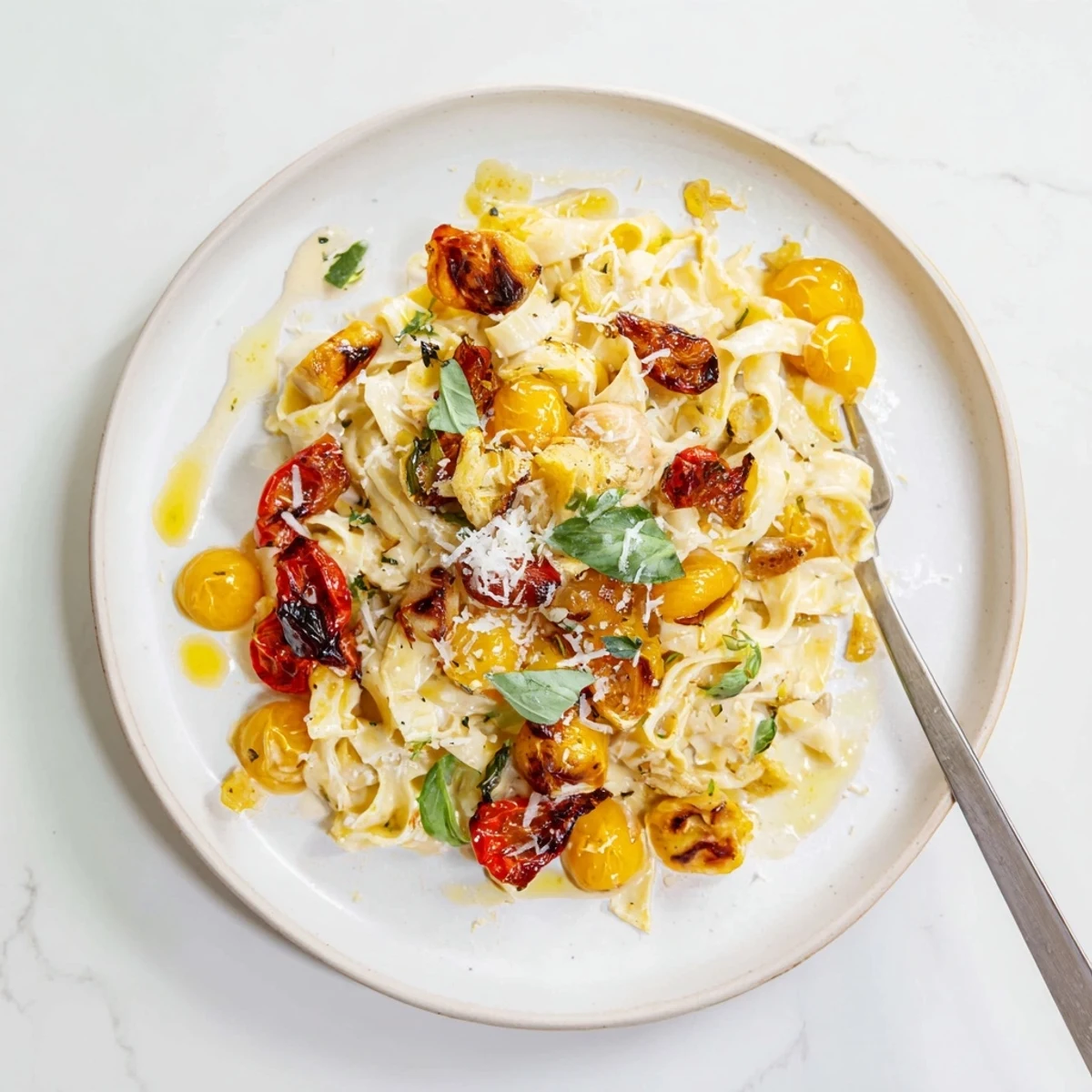 Creamy roasted garlic pasta sauce in a white bowl with fresh basil garnish and a fork twirling strands of pasta.