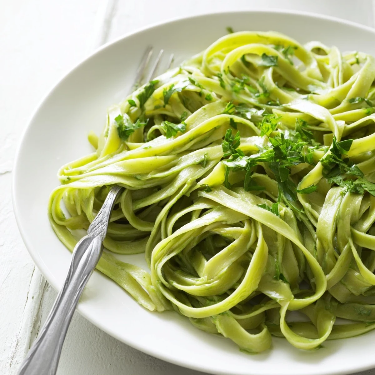 Freshly rolled spinach pasta dough, vibrant green, ready to be cut into fettuccine or ravioli on a floured surface.  