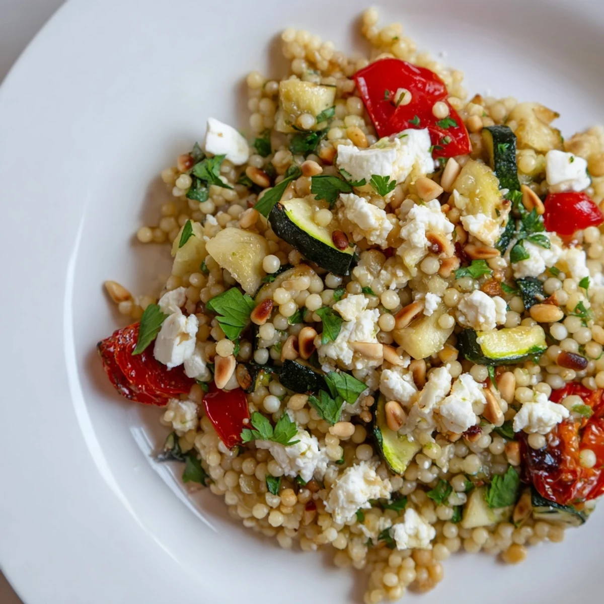 Roasted veggie couscous salad with caramelized zucchini and bell peppers tossed in zesty lemon dressing.  