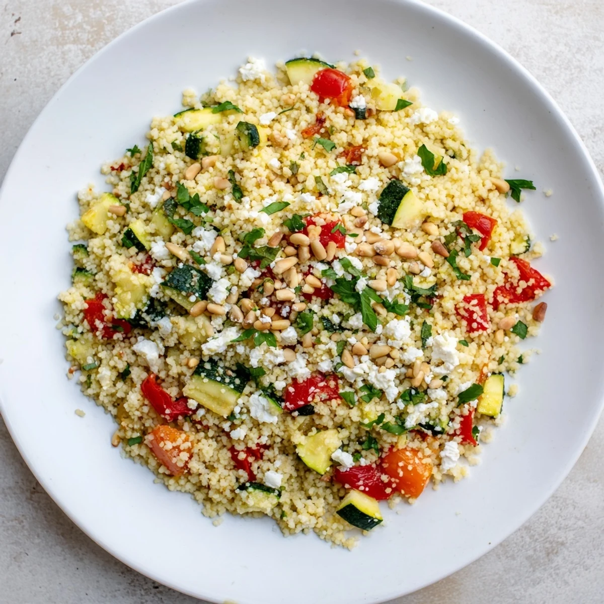 Colorful roasted veggie couscous salad served warm as a light main or Mediterranean-inspired side dish.