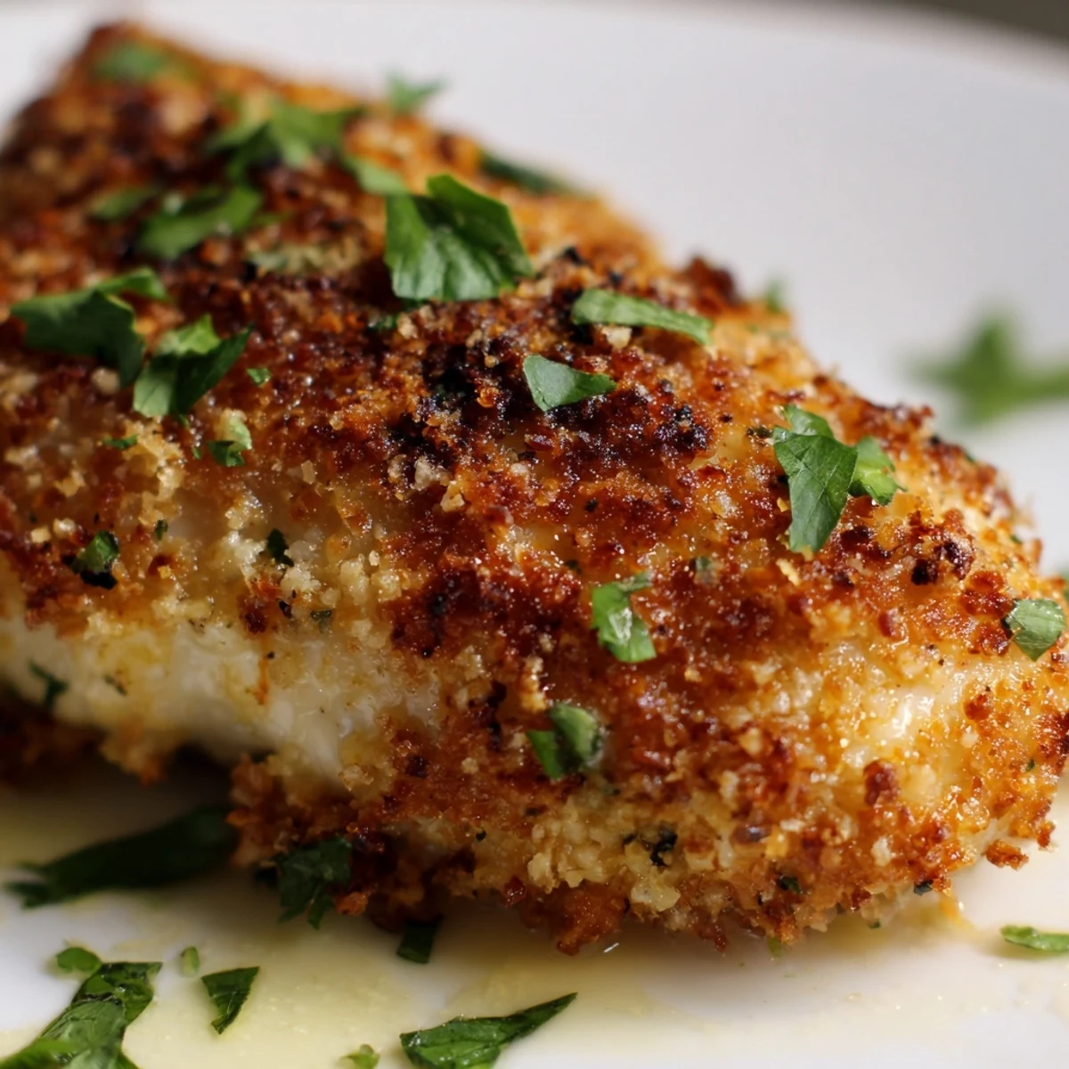 Roasted Garlic Parmesan Chicken plated for a weeknight dinner, garnished with fresh parsley and paired with a crisp side salad.