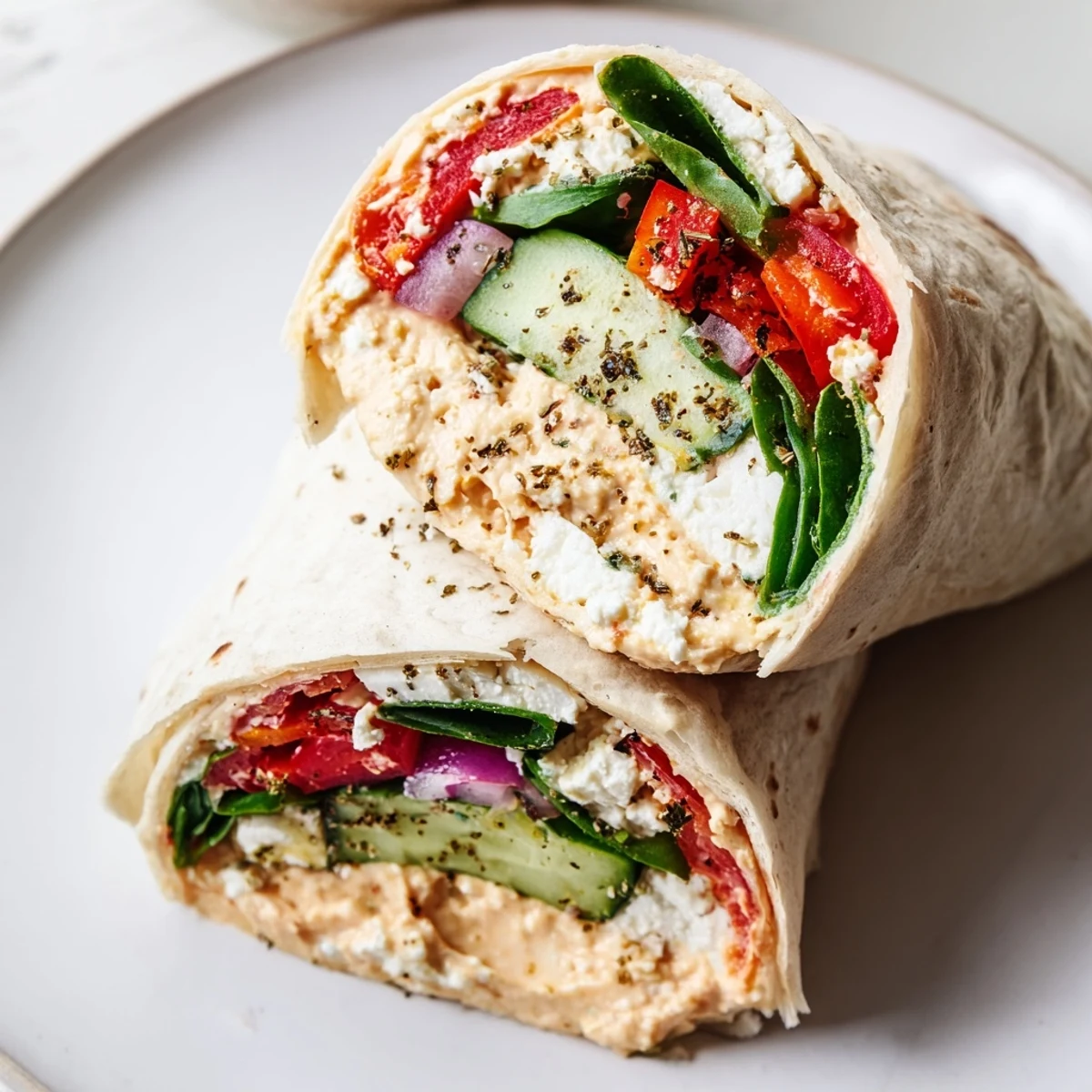 A vibrant Mediterranean Veggie Wrap stuffed with creamy hummus, smoky roasted red peppers, and fresh spinach.