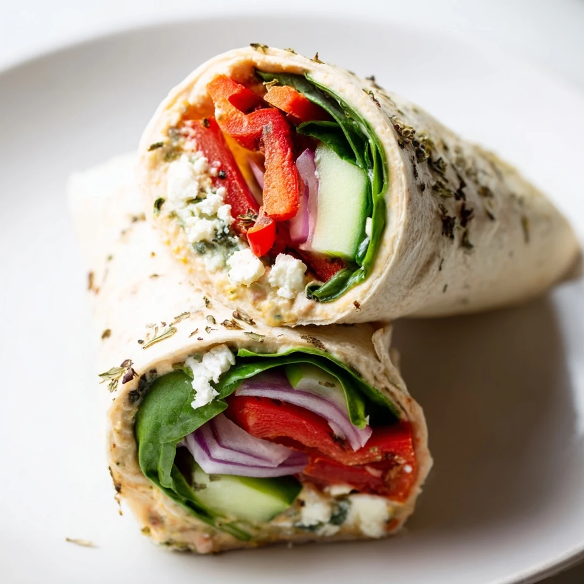 A close-up of a Mediterranean Veggie Wrap with crisp spinach and tangy feta on a soft tortilla.