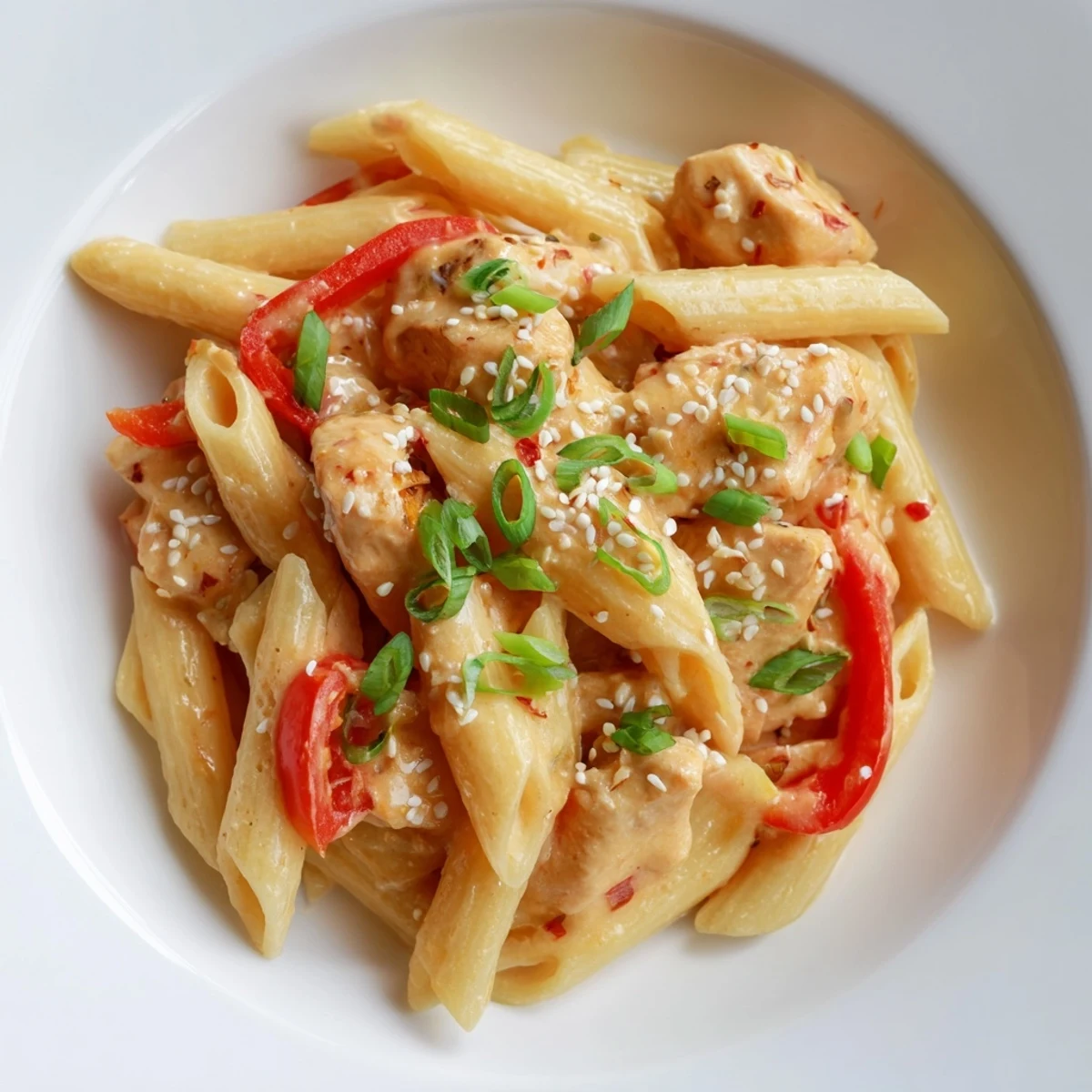 Sweet Chili Chicken Pasta served in a white bowl with a squeeze of lime, showcasing the red bell peppers and rich sauce.  
