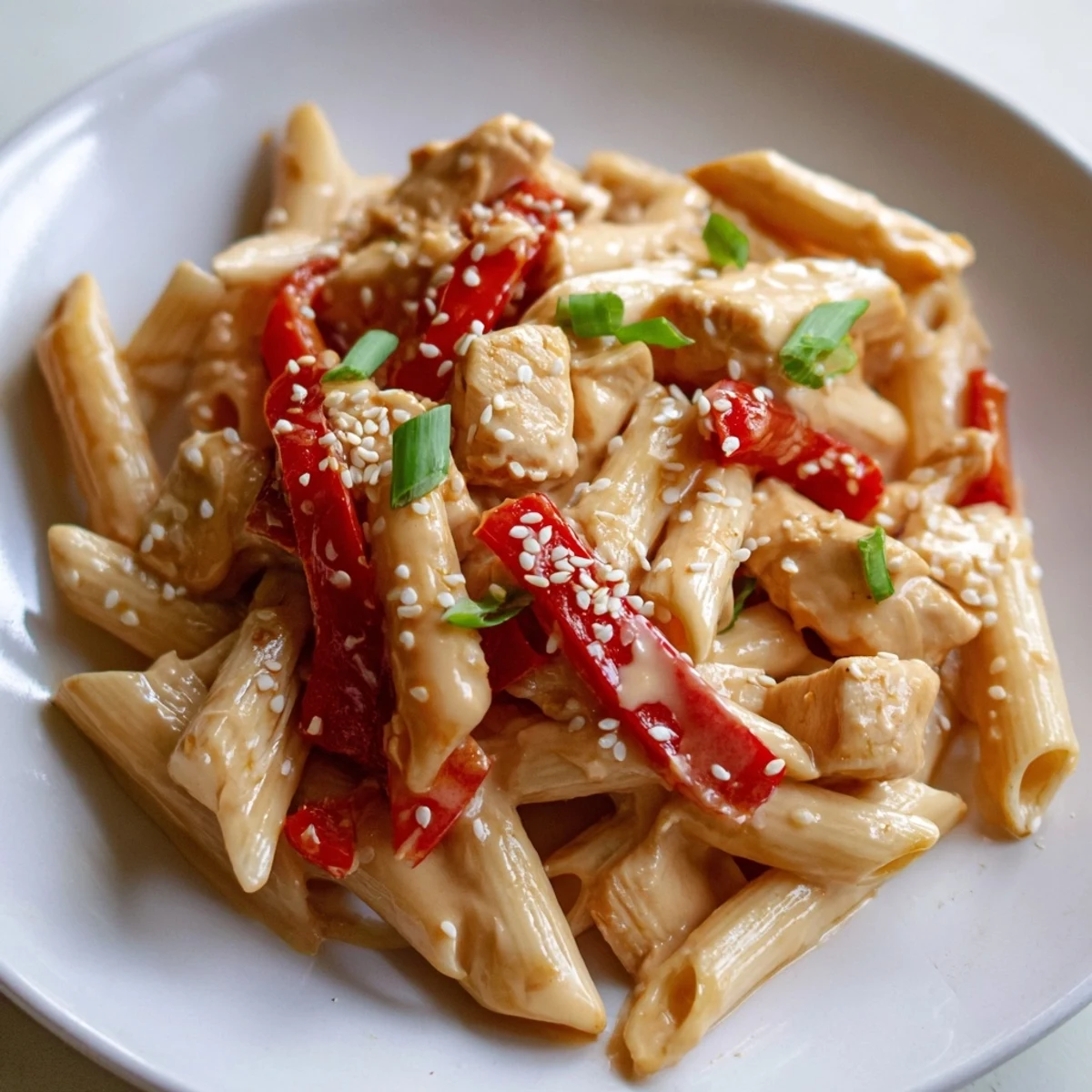 Close-up of Sweet Chili Chicken Pasta, featuring sautéed chicken, al dente pasta, and a drizzle of sweet chili cream sauce.