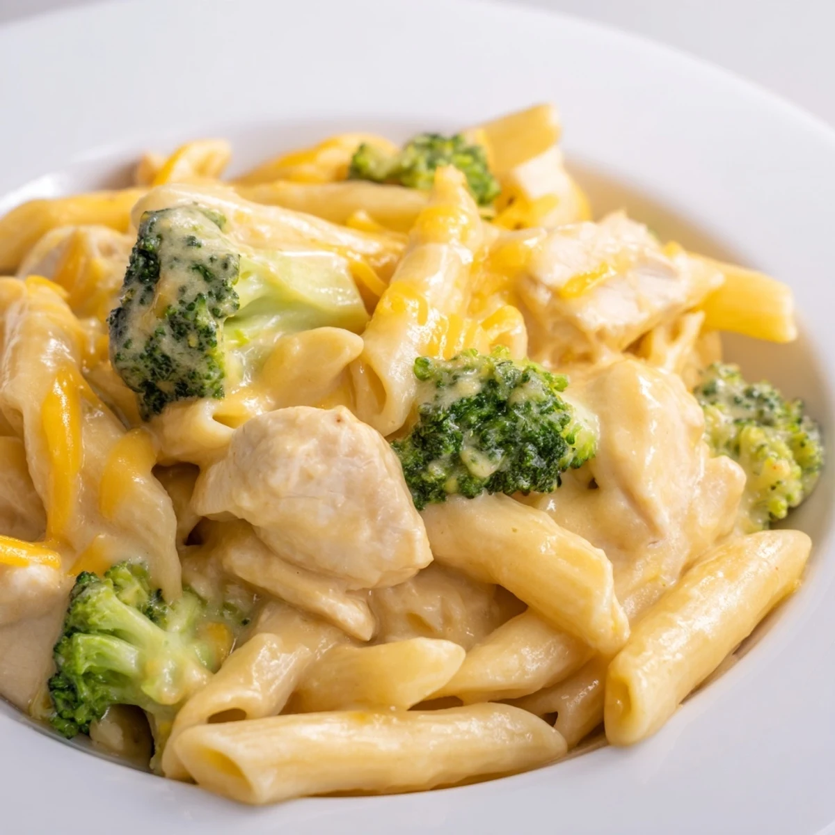 Creamy Chicken Broccoli Cheddar Pasta tossed with tender chicken, fresh broccoli florets, and rich cheddar cheese sauce in a skillet.