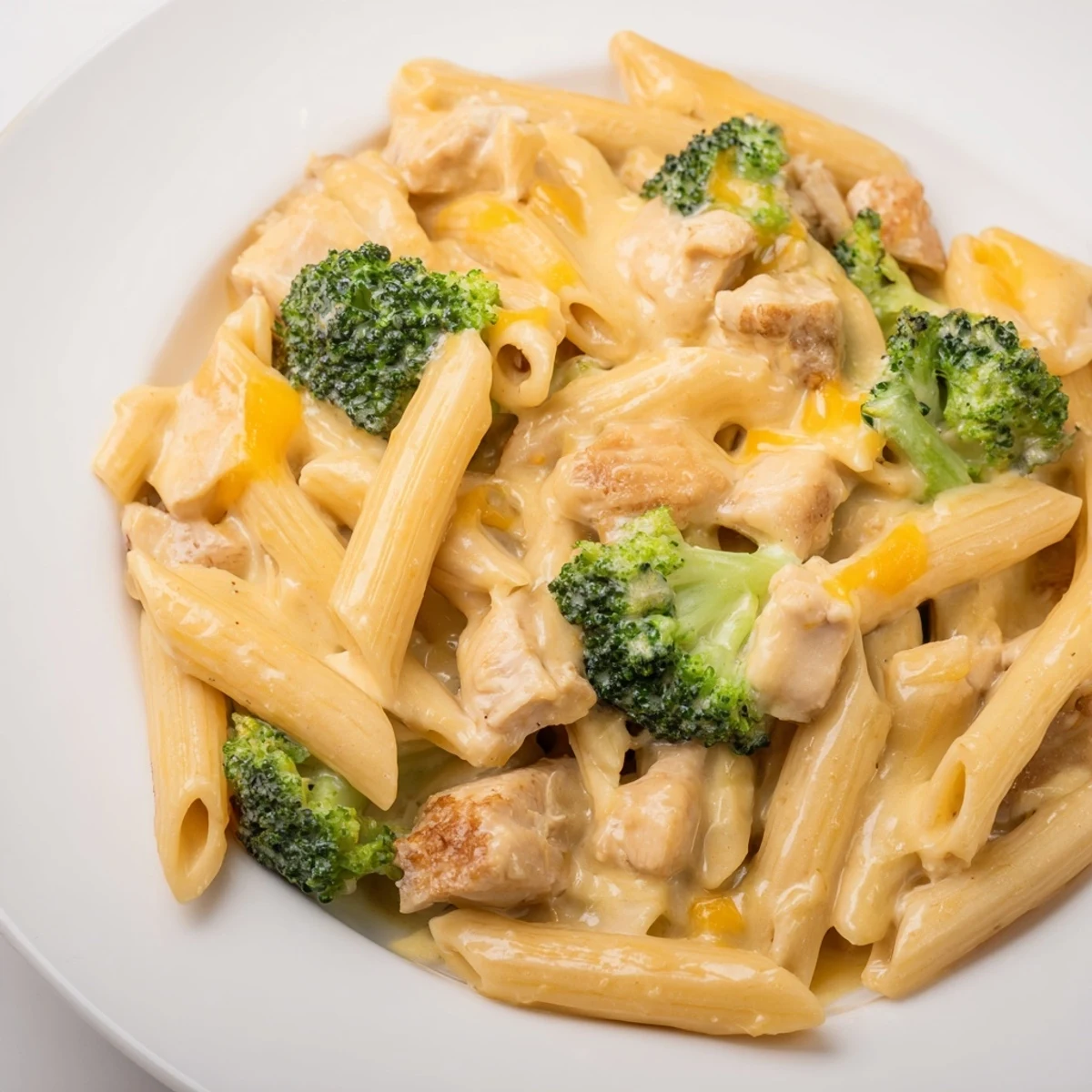 Steaming bowl of homemade Chicken Broccoli Cheddar Pasta with al dente penne and vibrant green broccoli florets, served family-style.