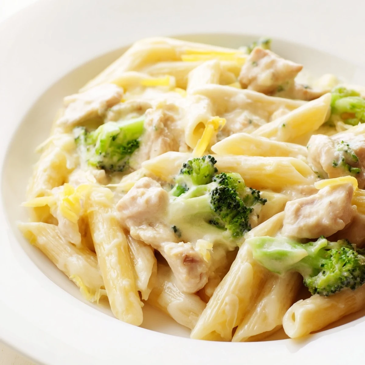 Close-up view of saucy Chicken Broccoli Cheddar Pasta with melted cheddar, golden chicken pieces, and fresh herbs garnish on top.