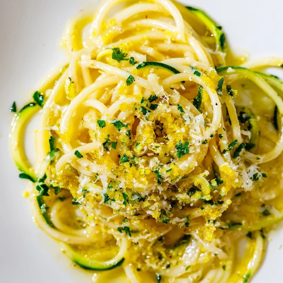 A close-up of Lemon Zucchini Pasta glistening with lemon butter sauce, parsley, and grated Parmesan on a white plate.  