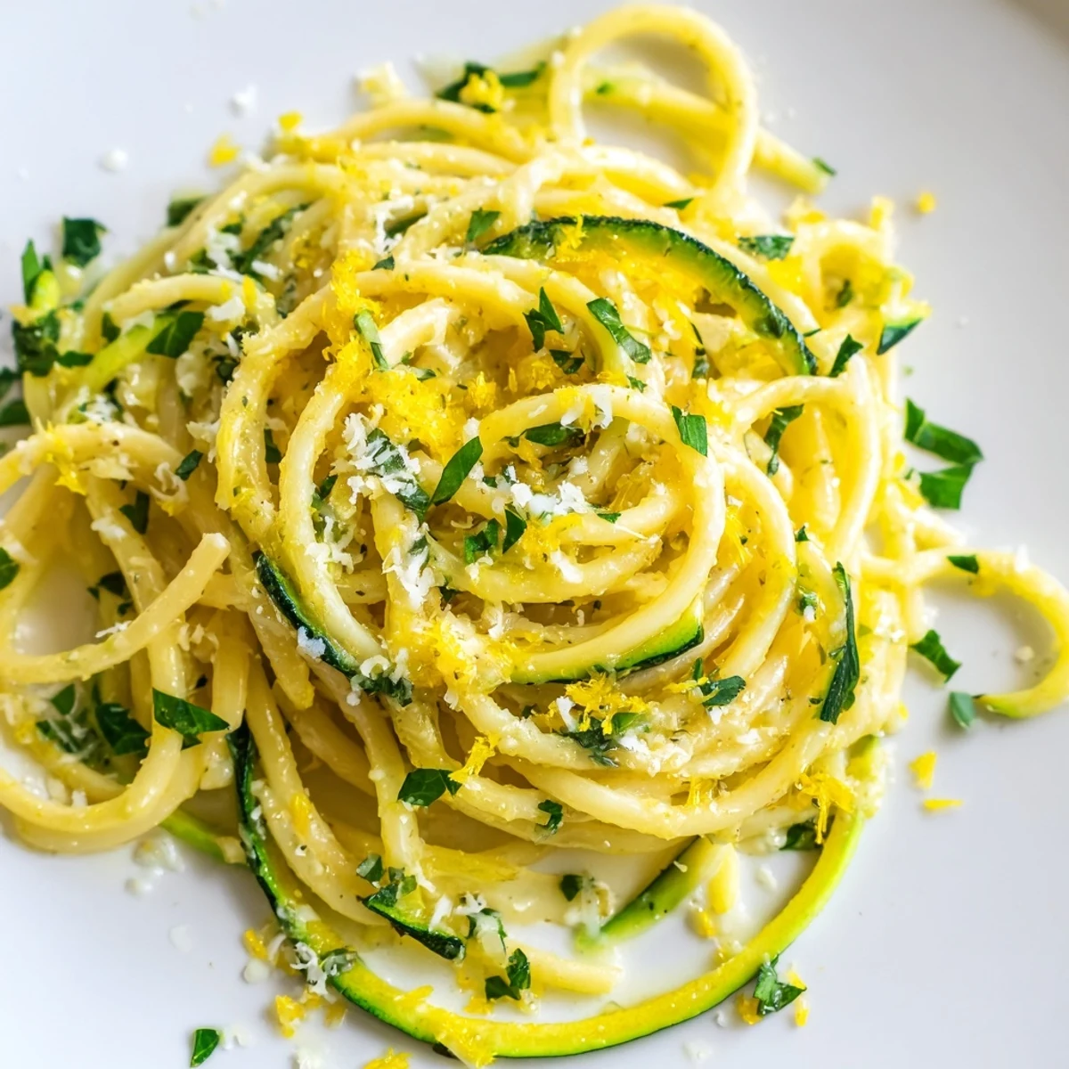 Fresh spiralized zucchini noodles tossed with spaghetti in a bright lemon butter sauce, ready to serve for dinner.  