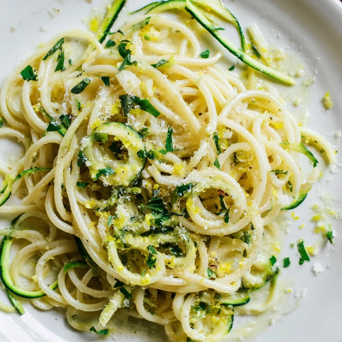 A vibrant bowl of Lemon Zucchini Pasta featuring tender zoodles, garlic, and herbs, perfect for a light vegetarian meal.