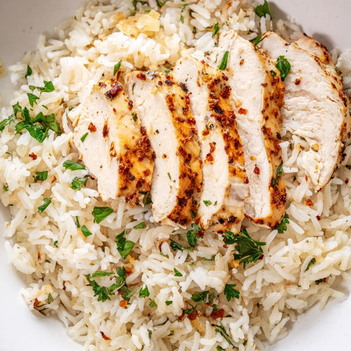 Fluffy Garlic Butter Rice with Chicken features tender grilled chicken breast resting on a bed of savory, buttery rice.  