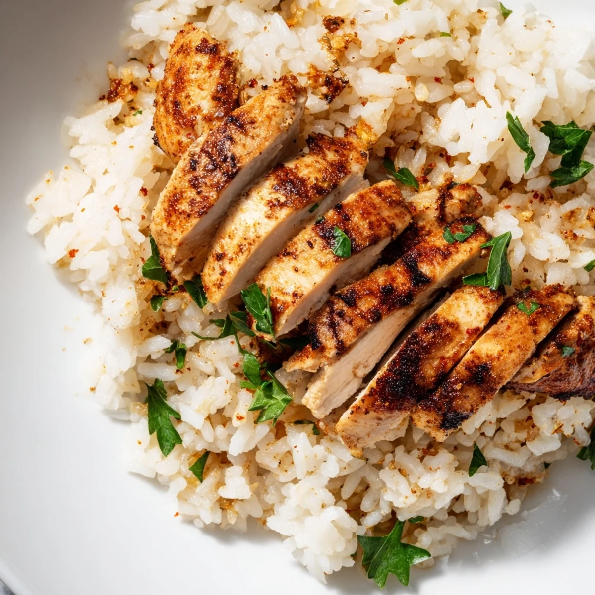 Golden, juicy grilled chicken slices sit atop steaming Garlic Butter Rice, garnished with fresh parsley and lemon wedges.  