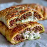 Close-up of sliced High-Protein Pepperoni Stromboli revealing layers of savory ground beef, spicy pepperoni, and gooey mozzarella, served warm for a hearty Italian-American dinner.