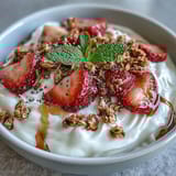 Fluffy yogurt breakfast bowl with strawberries and granola crunch, topped with fresh berries and crunchy granola for a nutritious morning treat.  