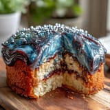 Layered vanilla sponge cake with galaxy-inspired buttercream in navy, purple, and teal, topped with silver glitter and optional fondant Pisces symbols for a magical dessert.