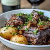 Slow-cooked beef stew with carrots, parsnips, and potatoes, garnished with fresh herbs for a rustic, comforting meal.  