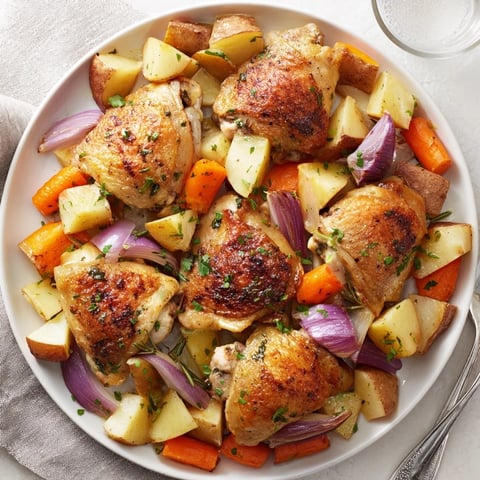 Succulent One-Pan Garlic Herb Roasted Chicken surrounded by golden veggies and herbs.