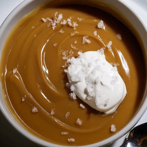 Creamy classic butterscotch pudding topped with whipped cream and sea salt flakes.