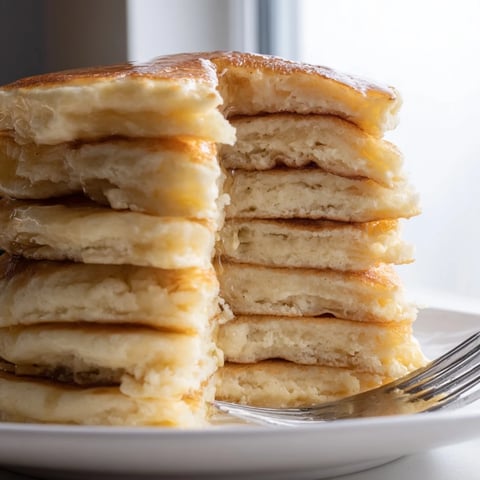 Fluffy buttermilk pancakes stacked high, drizzled with warm maple syrup and berries.  