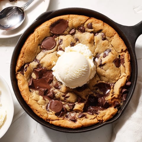 A warm, gooey chocolate chip skillet cookie, perfect for sharing with friends.  
