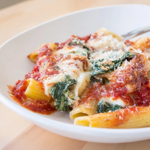 Warm and cheesy Baked Ziti with Mozzarella and Spinach in rich marinara.  