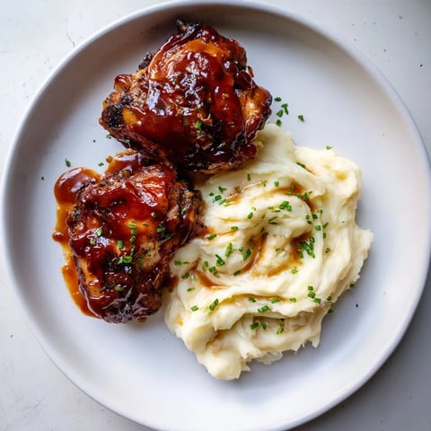Golden-brown honey BBQ chicken thighs sit atop fluffy garlic mashed potatoes, a delicious dinner.