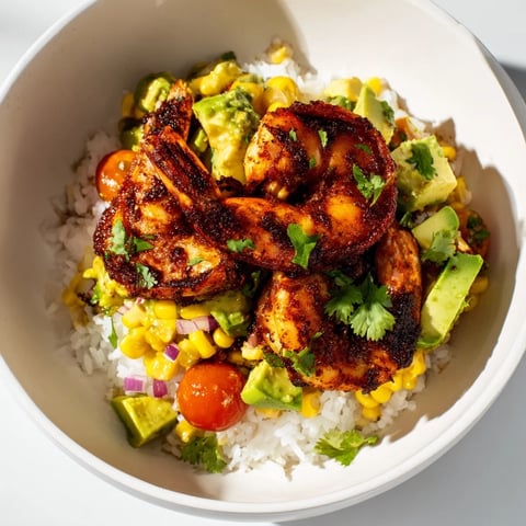 Spicy blackened shrimp bowl with creamy avocado salsa served over fluffy rice, a colorful meal.