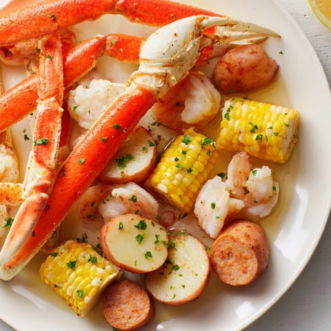 A steaming seafood boil with crab, shrimp, sausage, and corn in flavorful Cajun spices.