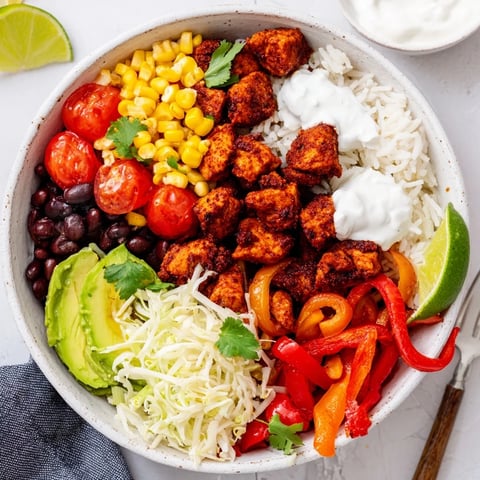 Sheet Pan Chicken Burrito Bowls offer a colorful array of roasted chicken and vegetables perfect for dinner.