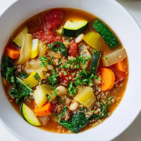 Steaming bowl of Minestrone with Quinoa & Winter Greens garnished with fresh parsley, ready to eat!
