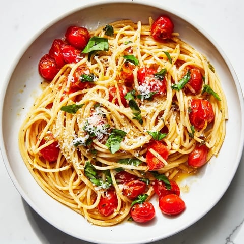 Steamy photo of Lazy-Girl Pasta with vibrant red tomatoes and grated Parmesan, ready to eat.