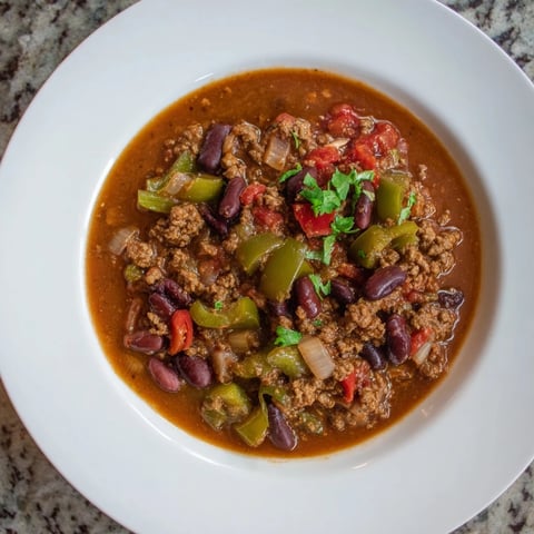 Steaming bowl of quick chili with canned beans, topped with fresh cilantro and cheese.