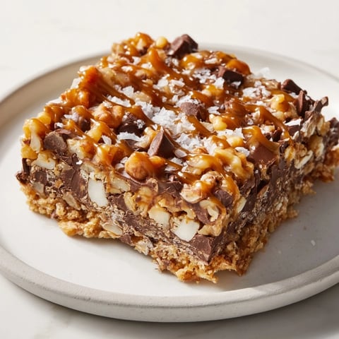 Golden, gooey 7-Layer Magic Bars with salted caramel drizzle, ready to enjoy with a bite.