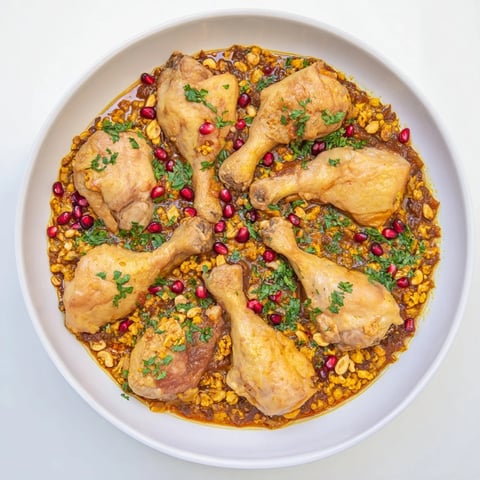 Close-up of bubbling Pomegranate Walnut Fesenjan Stew with tender chicken and a rich sauce.