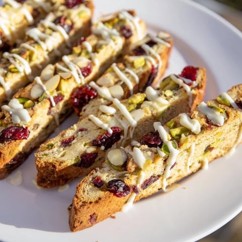 Golden brown White Chocolate Cranberry Pistachio Biscotti, drizzled with melted white chocolate, sitting on a wire rack.